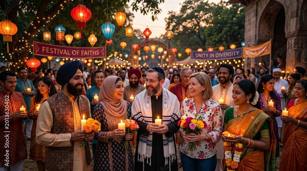 People of many faiths at a festival holding candles