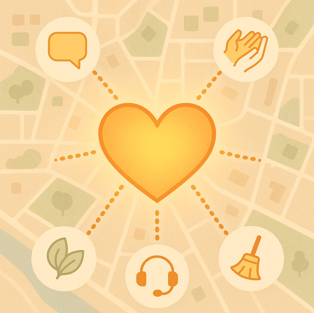 A glowing heart connected to symbols of care and community