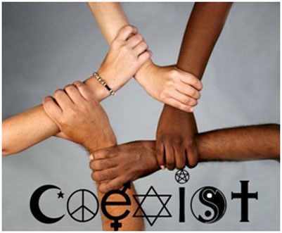 Linked arms of different skin colours above the word Coexist