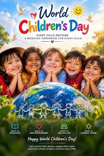 Happy World Children's Day poster with children lying on the grass around a globe